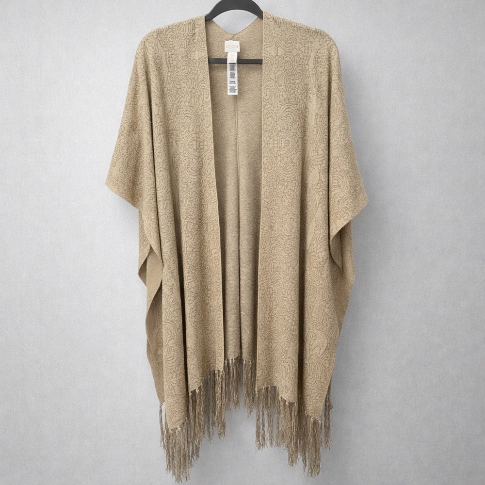 Chicos Womens Poncho OS Gold Metallic Paisley Fringe Wrap Scarf Boho Wrap Layers